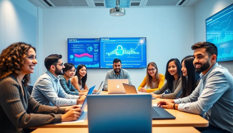 Engaged students in a cyber security course share insights in a modern classroom setting.