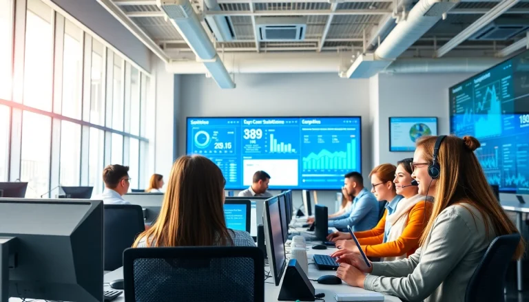 Implementing Call Center Solutions with a dedicated team in a modern, vibrant office environment.