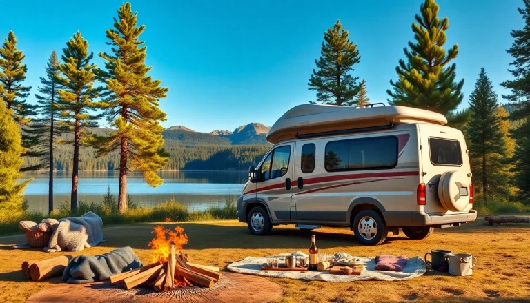 Setting up the perfect campervan in a picturesque campsite near a serene lake.