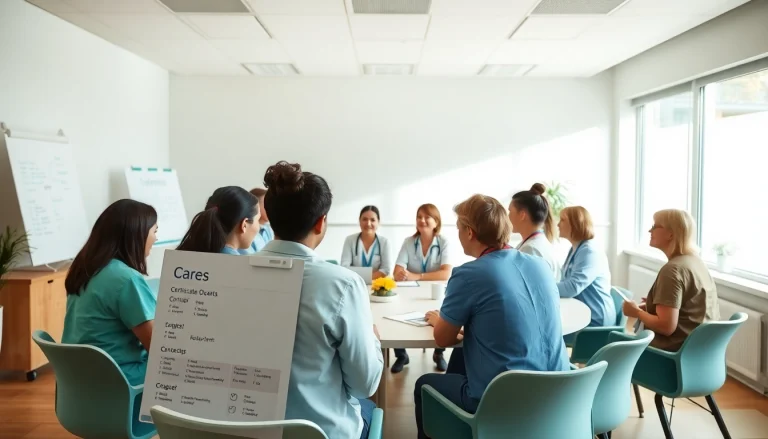 Engaged healthcare workers discussing Care certificate answers in a modern training session.