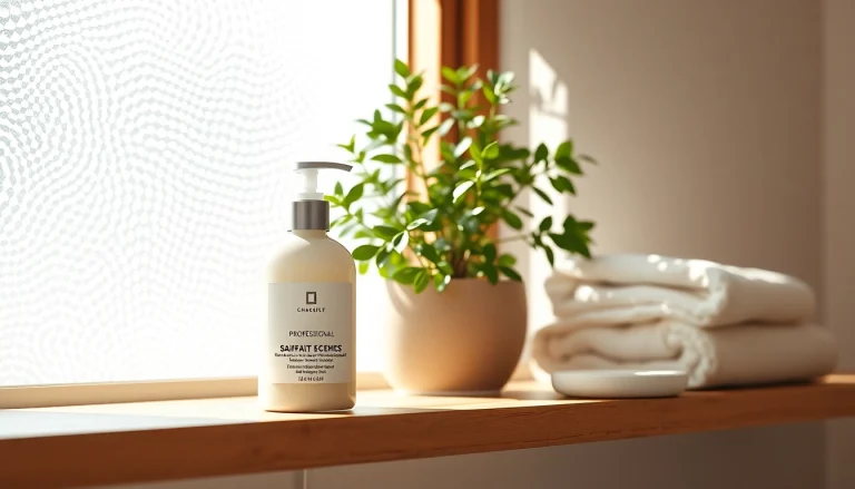 Using sulfate free shampoo for luxurious hair care in a serene bathroom layout.
