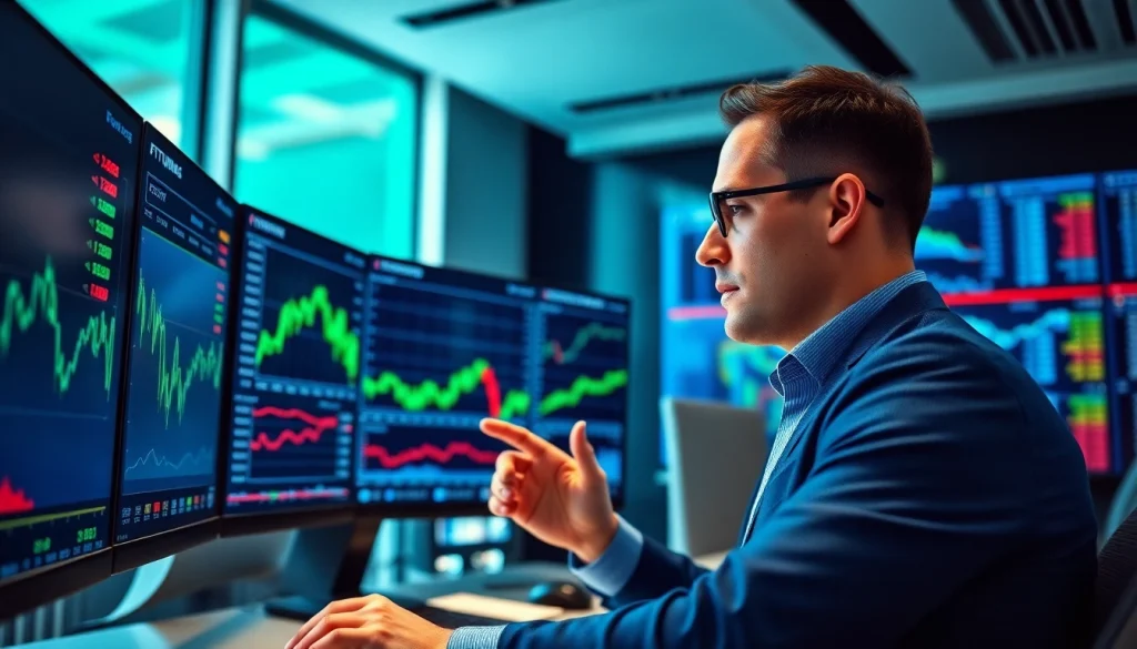 Trader evaluating trade futures data on multiple digital screens in a high-tech environment.