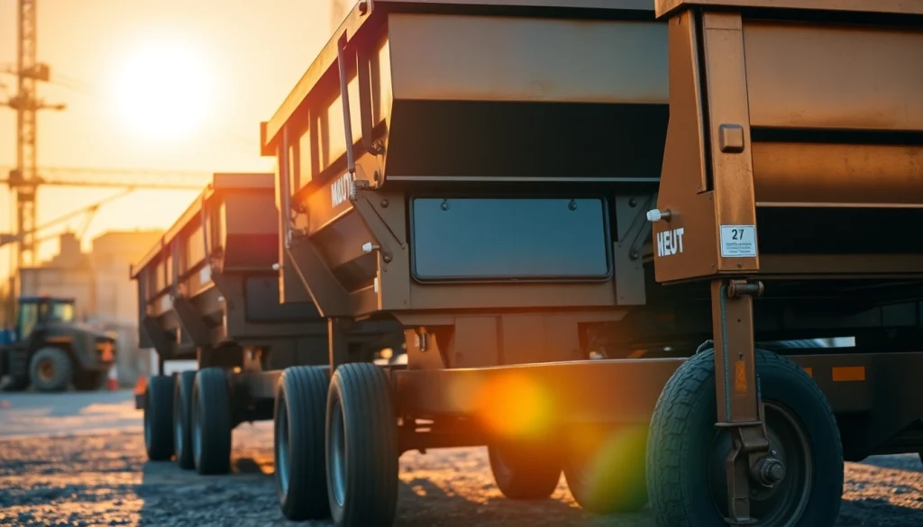 Explore hydraulic dump trailers for sale showcasing robust designs in a vibrant sunset at a construction site.
