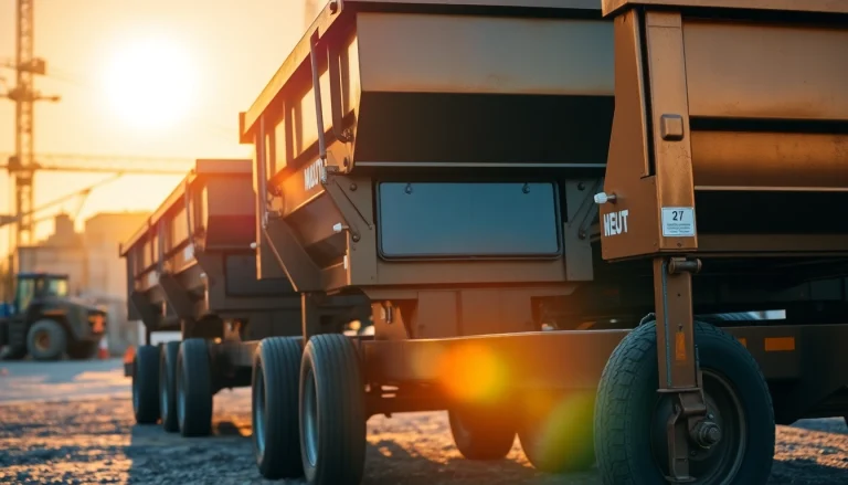 Explore hydraulic dump trailers for sale showcasing robust designs in a vibrant sunset at a construction site.