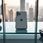 Buy iPhone Pro Max with stunning design and tech accessories on a modern glass desk.