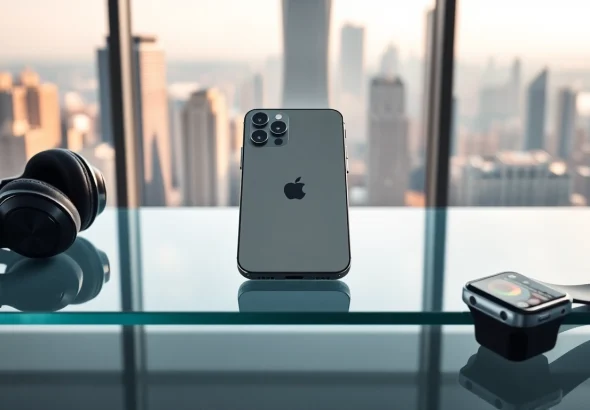 Buy iPhone Pro Max with stunning design and tech accessories on a modern glass desk.