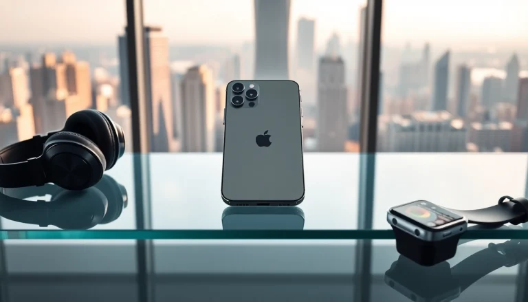 Buy iPhone Pro Max with stunning design and tech accessories on a modern glass desk.