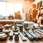 Showcasing various furniture hardware manufacturers' products in an organized workshop.