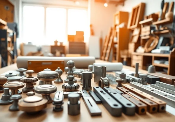 Showcasing various furniture hardware manufacturers' products in an organized workshop.