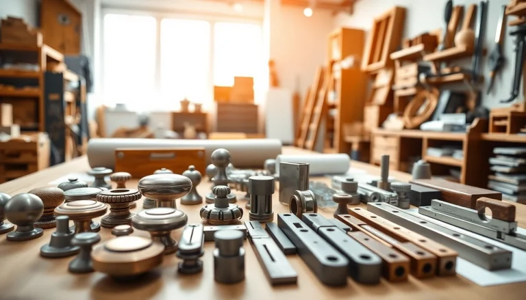 Showcasing various furniture hardware manufacturers' products in an organized workshop.
