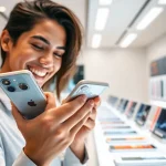 Shop to buy iPhone Pro Max with excitement in a modern electronics store.