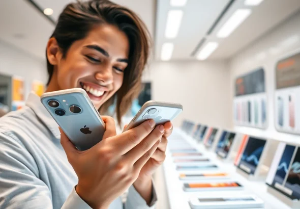 Shop to buy iPhone Pro Max with excitement in a modern electronics store.