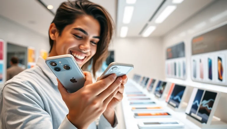 Shop to buy iPhone Pro Max with excitement in a modern electronics store.