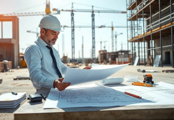 Reviewing nvq level 7 construction senior management answers at a construction site with blueprints.