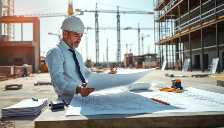 Reviewing nvq level 7 construction senior management answers at a construction site with blueprints.