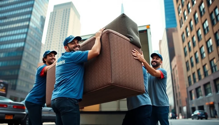 Movers nyc efficiently loading furniture into truck, showcasing teamwork and urban energy.