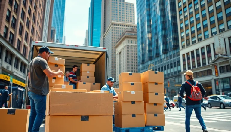 Movers NYC efficiently packing and loading boxes in a bustling New York City.