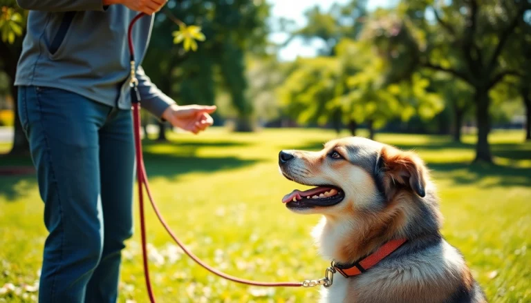 Engaging dog training Irvine session showcasing a trainer and a responsive dog in a sunny park.