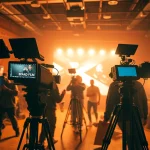 Engaging 영상프로덕션 scene with a film crew capturing a brand film in a vibrant setting.