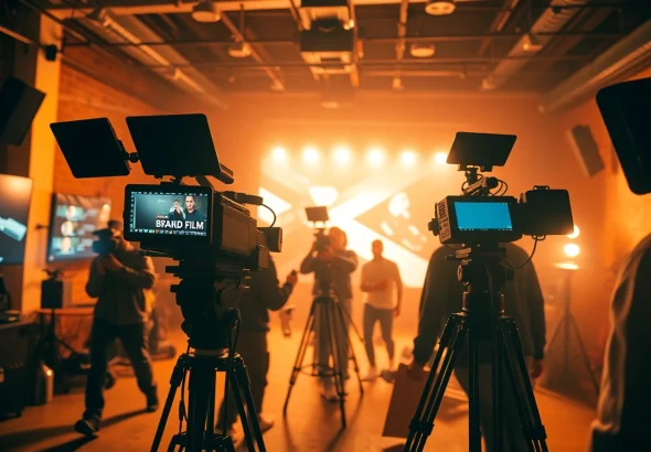 Engaging 영상프로덕션 scene with a film crew capturing a brand film in a vibrant setting.