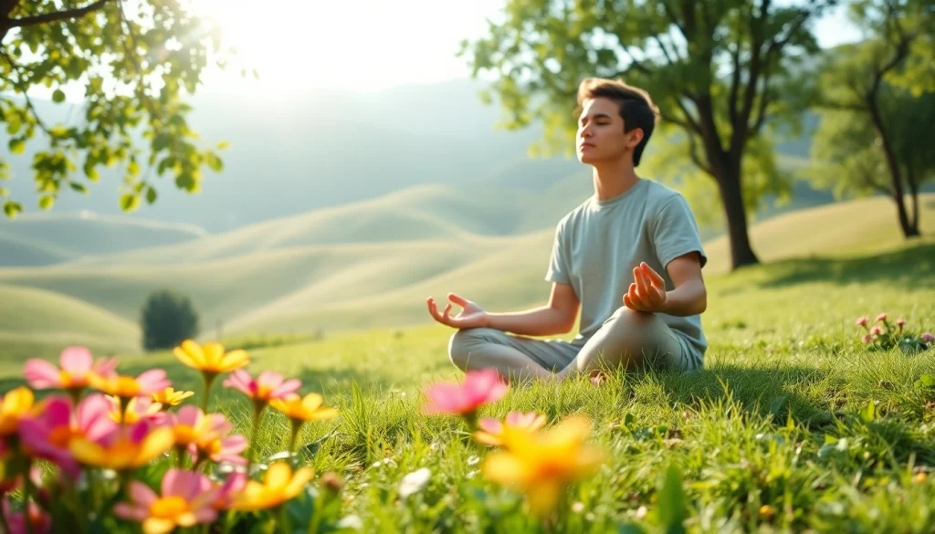 Individual practicing mindfulness outdoors while dealing with stress in a serene environment.