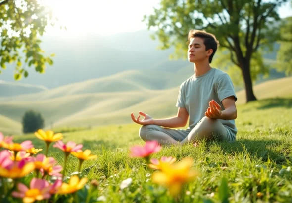 Individual practicing mindfulness outdoors while dealing with stress in a serene environment.
