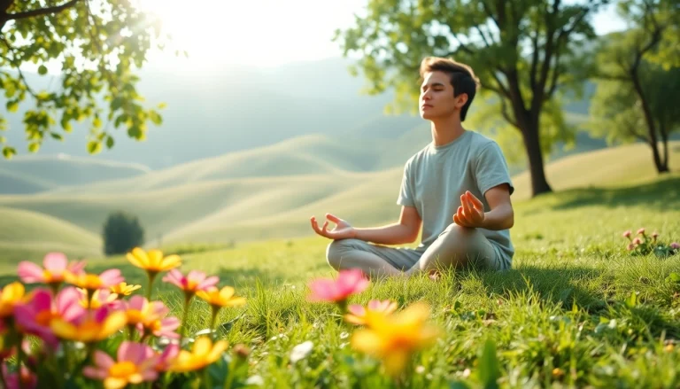 Individual practicing mindfulness outdoors while dealing with stress in a serene environment.
