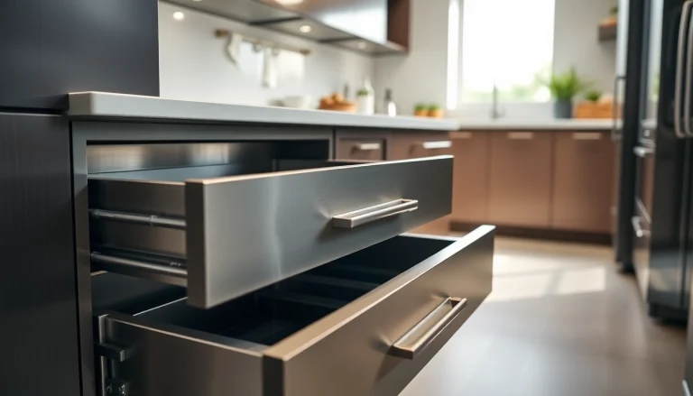 Showcasing a Metal Drawer System with smooth gliding mechanisms in a modern kitchen setting.