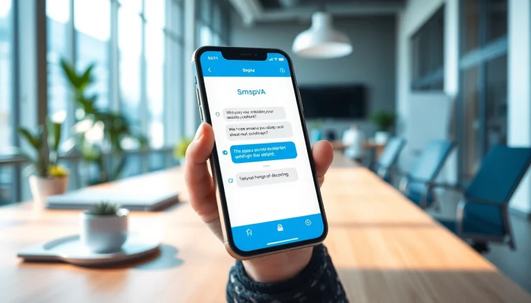 Showcase the smspva SMS service app interface on a modern smartphone in a professional setting.