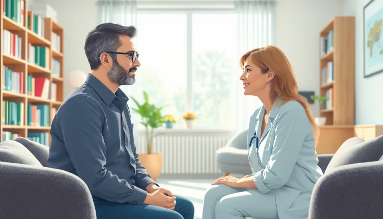 Engaging session on dealing with stress featuring a supportive therapist in a serene environment.