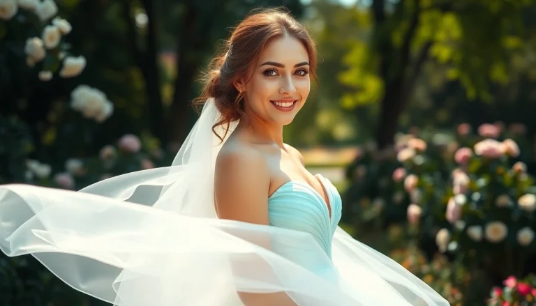 Admiring the beauty of coloured wedding dresses in a serene garden setting.