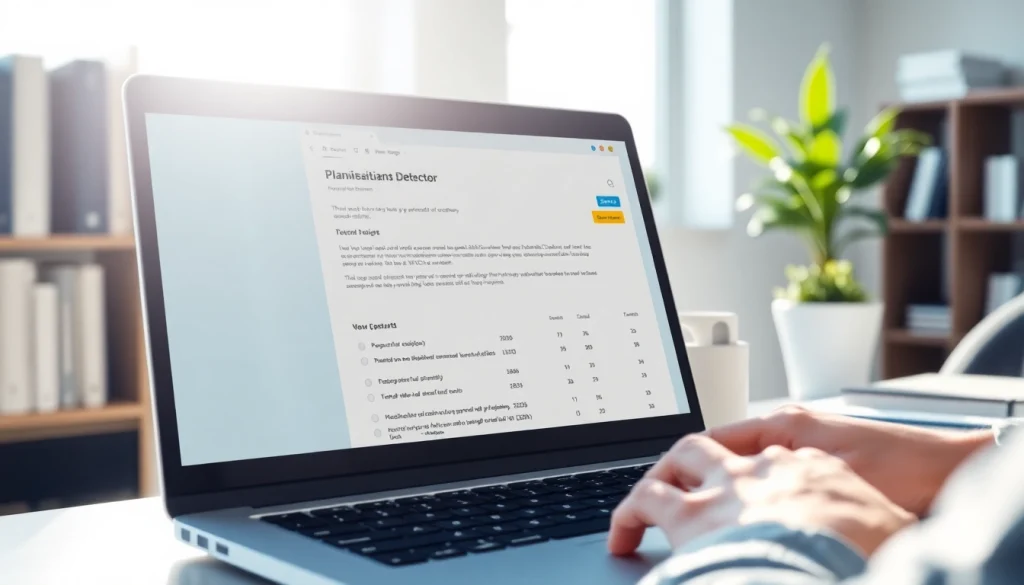 Analyze text using a plagiarism detector on a laptop screen in a professional setting.