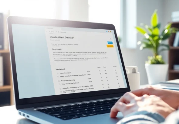 Analyze text using a plagiarism detector on a laptop screen in a professional setting.