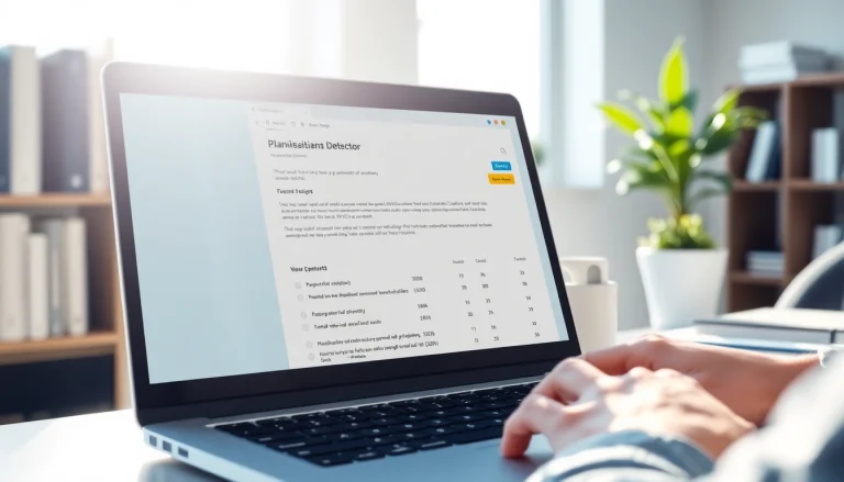 Analyze text using a plagiarism detector on a laptop screen in a professional setting.