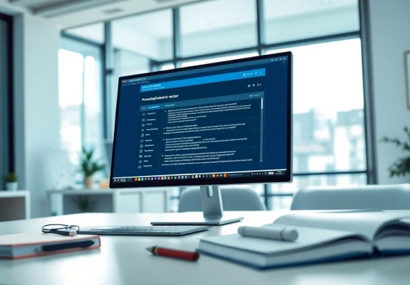Engaged user reviewing results on a plagiarism detector interface in a bright office setting.
