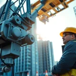 Review NVQ Level 4 Crane supervisor answers in a dynamic construction scene featuring diverse machinery.