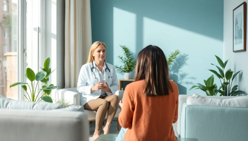 Therapist helping a client dealing with anxiety in a serene office setting.
