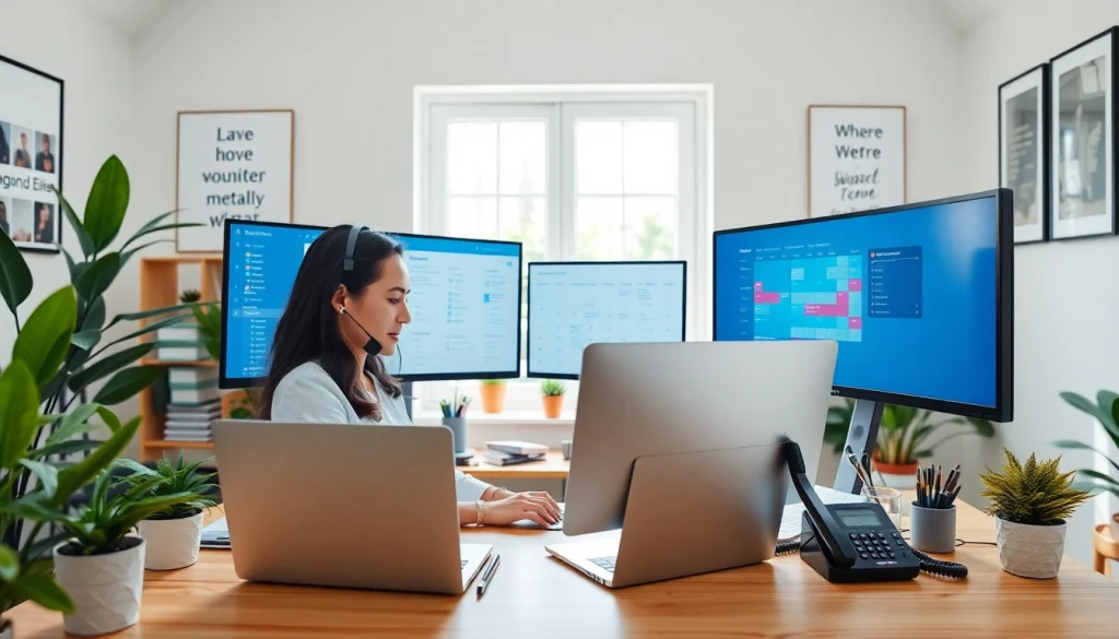 Virtual Assistants in a bright home office environment, showcasing productivity and organization.