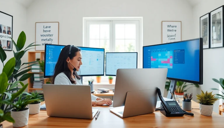 Virtual Assistants in a bright home office environment, showcasing productivity and organization.