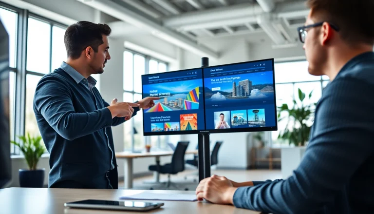 Engaging discussion about edmonton web design between a professional and a client in a modern office.