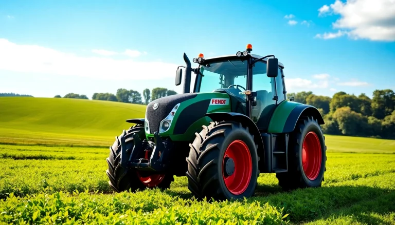 Fendt Traktor in einem modernen landwirtschaftlichen Umfeld mit grünen Feldern im Hintergrund
