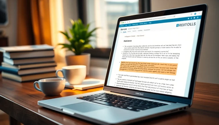 Check and analyze text with a plagiarism checker on a laptop in a cozy office.