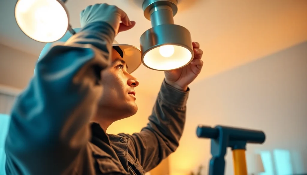 Electrician installing lighting fixtures in a modern home setting.