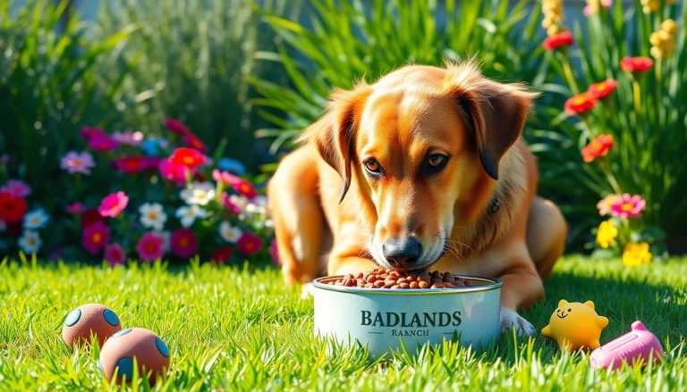 Dog happily eating badlands ranch dog food in a sunny backyard setting.