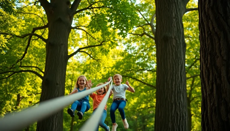 Family enjoying the GARDEN ZIP WIRE KIT installed among vibrant trees under bright sunshine.
