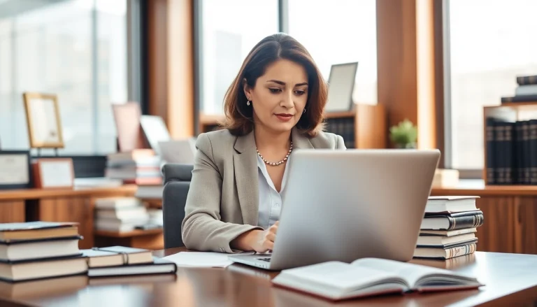 Consulting with an intellectual property lawyer in a professional office environment, displaying expertise.