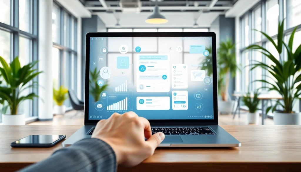 Engaging chatbot for website depicted in a modern office, enhancing online communication.