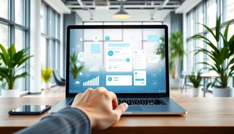 Engaging chatbot for website depicted in a modern office, enhancing online communication.