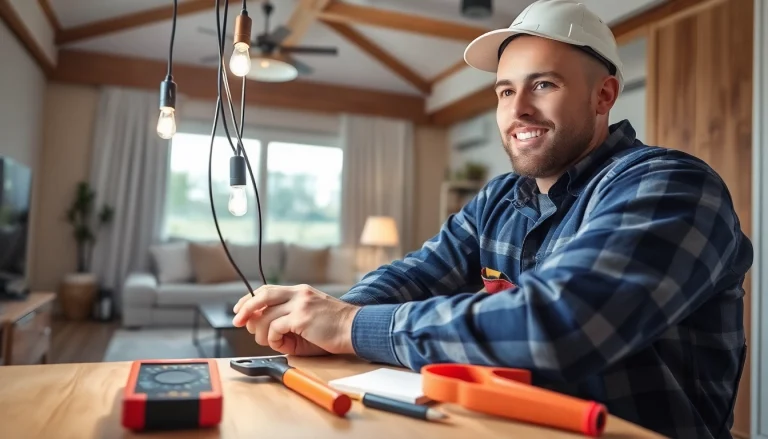 Expert performing electrical service installation, demonstrating safety and professionalism in a modern home.