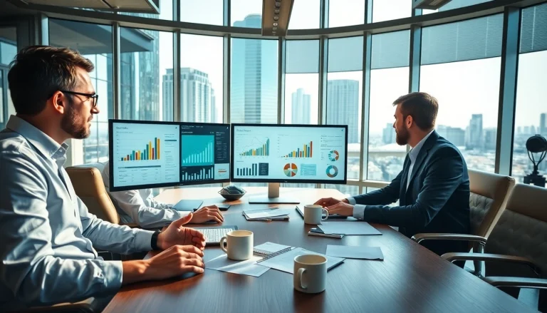 Professionals utilizing ai for competitive intelligence in a modern collaborative workspace.
